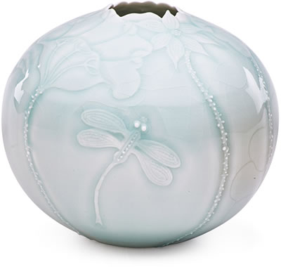 Fine vase with lotus flowers and dragonflies, celadon glaze