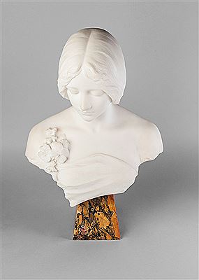 Young woman with corsage, eyes downcast