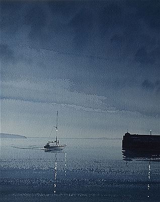 'A Boat off Saundersfoot Jetty, with Night-time Reflections'