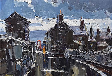 Wet and rainy Blaenau Ffestiniog street with figure and red postbox by Edwin Vincent Forrest - Auction record, sale price, and art valuation. Compare with similar artists and explore comparable artworks.