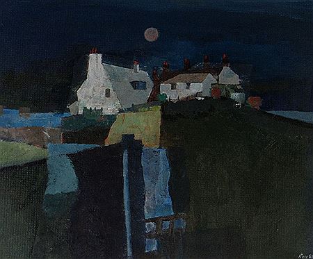 FARM AND COTTAGE BUILDINGS ON HILLSIDE AT DUSK