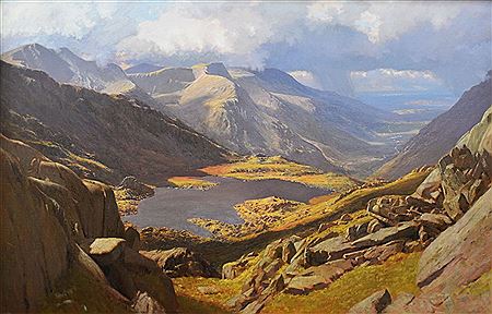 'Nant Ffrancon from Bochlwyd', superior Snowdonia landscape in sunlight with clouds by David Woodford - Auction record, sale price, and art valuation. Compare with similar artists and explore comparable artworks.
