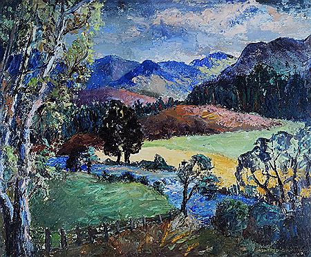 LANDSCAPE WITH TREES, MOUNTAINS & FIELDS by Evelyn Oughtred Buchanan - Auction record, sale price, and art valuation. Compare with similar artists and explore comparable artworks.