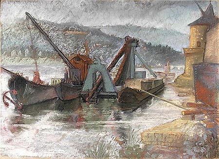 Impressionistische Darstellung einer Szene an der Mosel mit Verladekran