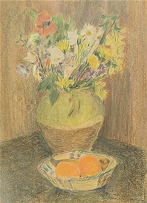 Bouquet of flowers in a vase and basket of oranges