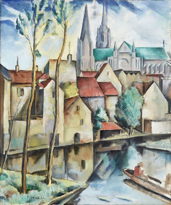 Sample artwork by Erik Jonsson (1893 - 1950), known for coloristic and compositionally fine-tuned harmony, cubist landscapes - View similar artists and auction records
