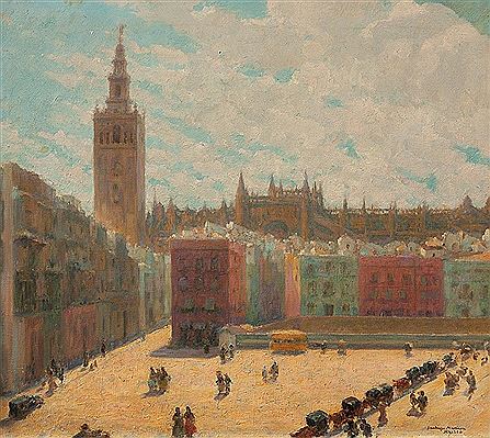 "Vista de Sevilla con La Giralda y personajes"