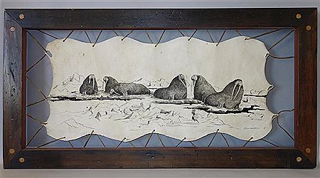 Depicts five walrus resting on an iceberg