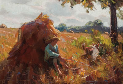 Haystack with Boy and a Dog