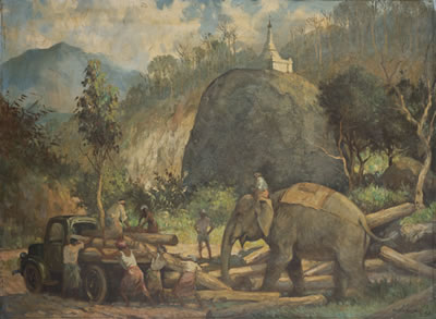 ELEPHANTS AND TRUCKS WITH LOGS