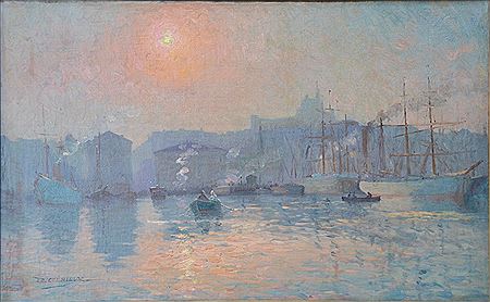"Vue du port de Marseille au soleil couchant, la bonne mère en fond"