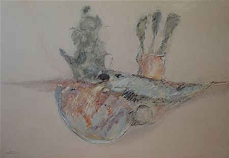 "Nature morte, cafetière verte aux pinceaux"