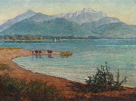 "Chiemsee Kampenwand", on the lake shore a shepherd with three cows at the watering