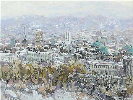 "Wintry Stuttgart", overlooking the Zenrum with town hall and collegiate church