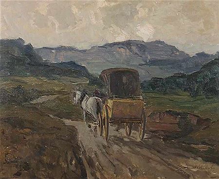 "coach in the mountains," Pairs on a rising path, in background mountains