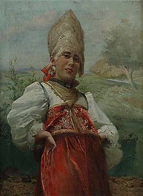 "JungeRussin" in wedding dress, with golden, crescent-shaped headdress and richly embroidered robe with red rock in the background a summer river landscape