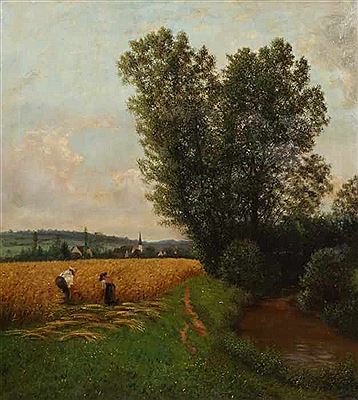 "Grain harvest with big trees," farmer and his wife in the grain harvest at the Aich who Aich sign right under big trees by Julius Kornbeck - Auction record, sale price, and art valuation. Compare with similar artists and explore comparable artworks.