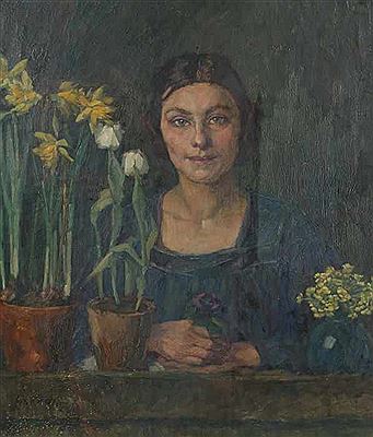"Spring Flowers", a lady with flower in her hand behind a wooden table sitting in front of her two flower pots with daffodils and tulips, a glass vase with Buttercup her left