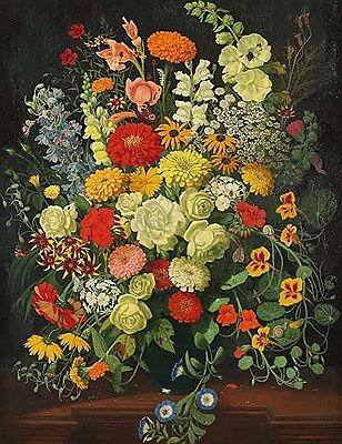 "Stillleben mit Sommerblumen und Schmetterlingen", in einer Vase auf einem Gesims drapiert