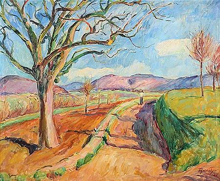 "Vorfrühling im Remstal", expressionstische Landschaftsszene mit breitem Feldweg und Figurenstaffage