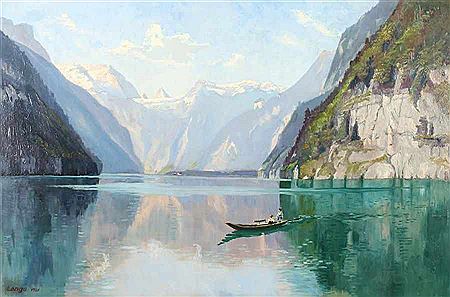 "Königssee", Ansicht des Sees vom sog. Malerwinkel aus, im Hintergrund St. Bartholomä, auf dem ruhigen Wasser zwei Personen in einem Boot