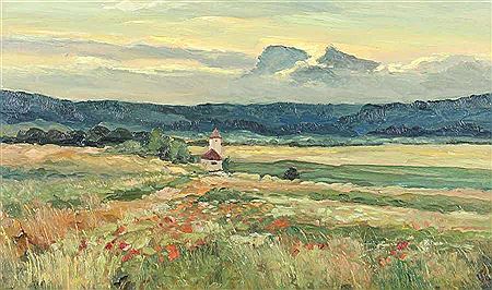 "Leuchtende Farbtöne bei Nufringen", Blick auf die Landschaft mit einer Kirche zwischen den Feldern und Wiesen
