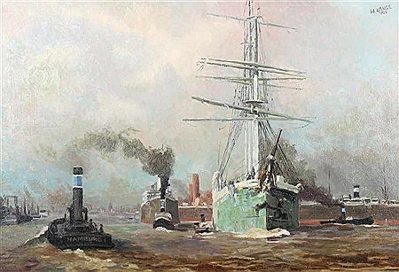"Hamburger Hafen", Blick auf ein- und ausfahrende Seegelschiffe und Dampfboote, unter bewölktem Himmel