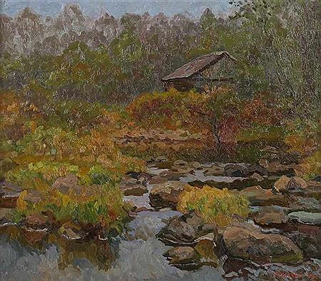 "Häuschen in Moorlandschaft", an einem Waldrain in herbstlicher Stimmung