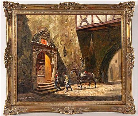 Rosenheim Landsknecht vor romatischem Wirtshaus in Rothenburg