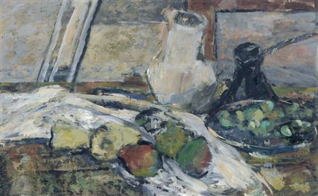 Stilleben mit Birnen und Krügen.