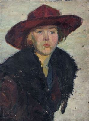 Porträt einer Dame mit rotem Hut.