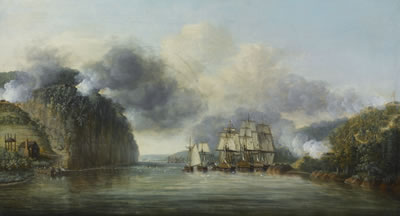 HIS MAJESTY’S SHIPS PHOENIX, ROEBUCK AND TARTAR, ACCOMPANIED BY THREE SMALLER VESSELS, FORCING THEIR WAY THROUGH THE CHEVAL-DE-FRISE ON THE HUDSON RIVER BETWEEN FORTS WASHINGTON AND LEE, NEW YORK, 9 OCTOBER 1776