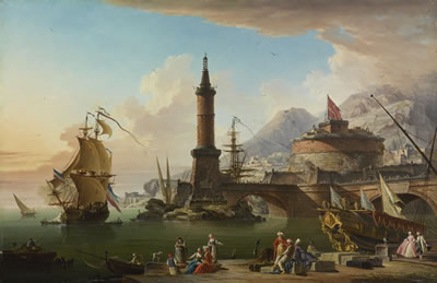 VIEW OF A MEDITERRANEAN SEAPORT AT DUSK, WITH FISHERMEN AND ELEGANT FIGURES GATHERED ALONG THE HARBOR AS A SHIP PULLS IN