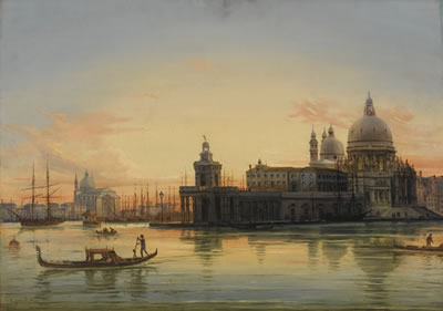 VENICE, A VIEW OF THE BACINO DI SAN MARCO AND THE DOGANA AT SUNSET