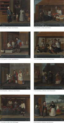 (1) DE ESPAÑÓL, Y NEGRA, NACE MULATA; (2) DE MULATO, É INDIA, NACE CHINO; (3) DE ESPAÑÓL, É INDIA, NACE MESTIZA; (4) DE SAMBAYGO, É INDIA, NACE CAMBUJO; (5) DE ESPAÑÓL, Y MESTIZA, NACE CASTIZO; (6) DE CAMBUJO, Y MULATA, NACE ALBARAZADO; (7) DE INDIO, Y LO