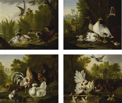 FOUR WORKS: THREE SPANIELS STARTLING A GROUP OF DUCKS IN A POND; A WOODED LANDSCAPE WITH GEESE AND THEIR GOSLINGS TOGETHER WITH A PAIR OF PIGEONS, A THATCHED BARN BEYOND; A WOODED GARDEN WITH COCKERELS AND A PIGEON AT THE EDGE OF A POND; CHICKENS AND THEI