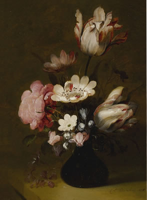 STILL LIFE WITH TULIPS, PEONIES, ANEMONES, HYACINTHS AND OTHER FLOWERS IN A GLASS VASE ON A STONE LEDGE