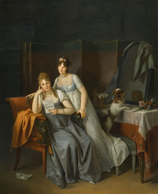 TWO LADIES IN AN INTERIOR READING A LETTER, WITH A DOG ON A BENCH LOOKING INTO A MIRROR