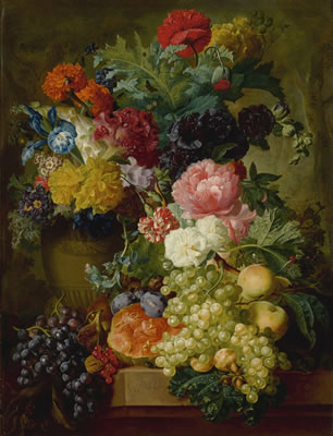 ELABORATE STILL LIFE OF FLOWERS AND FRUIT RESTING ON A STONE LEDGE, A WOODED LANDSCAPE BEYOND by Georgius Jacobus Johannes van Os I - Auction record, sale price, and art valuation. Compare with similar artists and explore comparable artworks.
