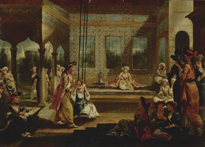 A HAREM SCENE WITH SOLDIERS SMOKING AND ODALISQUES RELAXING AND PLAYING ON A SWING IN AN INTERIOR COURTYARD