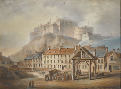 VIEW OF EDINBURGH CASTLE FROM THE GRASS MARKET; TOGETHER WITH A VIEW OF THE HUNTINGTOWER CASTLE, PERTHSHIRE