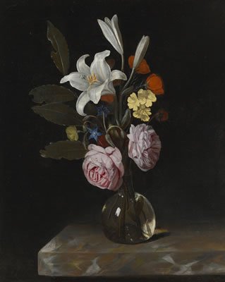 STILL LIFE OF ROSES, LILIES AND OTHER FLOWERS IN A GLASS VASE ON A MARBLE LEDGE