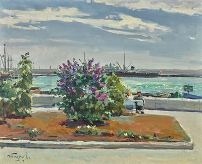QUAY WITH A LILAC TREE IN THE FOREGROUND