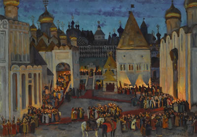 THE KREMLIN AT NIGHT ON THE EVE OF THE CORONATION OF TSAR MIKHAIL FEDOROVICH