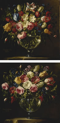 A PAIR OF STILL LIFES OF ROSES, VARIEGATED TULIPS, PEONIES AND OTHER FLOWERS IN CRYSTAL VASES, ON STONE PLINTHS