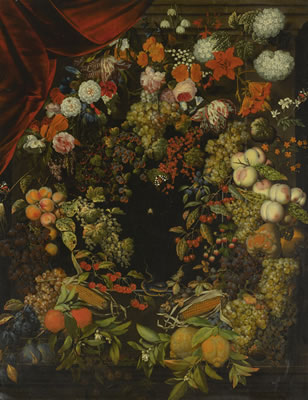 A GARLAND OF FLOWERS AND FRUIT AROUND A STONE NICHE WITH BUTTERFLIES, A SNAKE AND A SPIDER