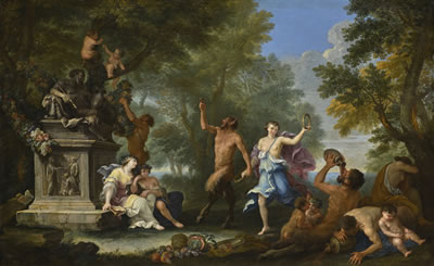 A BACCHANAL, WITH OFFERINGS STREWN AROUND A STATUE OF PAN