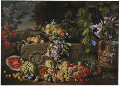 A STILL LIFE OF A WATERMELON, CHERRIES, PEACHES, APRICOTS, PLUMS, POMEGRANATES AND FIGS, WITH LILIES, ROSES, MORNING GLORY AND OTHER FLOWERS ON AN ACANTHUS STONE RELIEF
