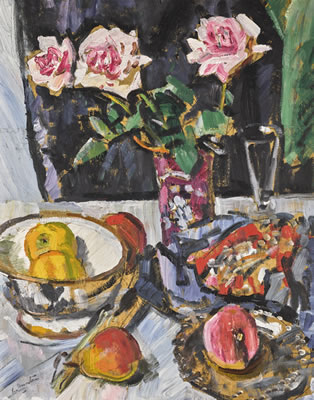STILL LIFE OF PINK ROSES WITH FRUIT AND A GLASS
