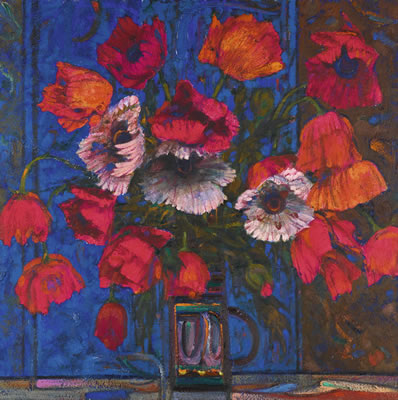 RED POPPIES ON A BLUE BACKGROUND